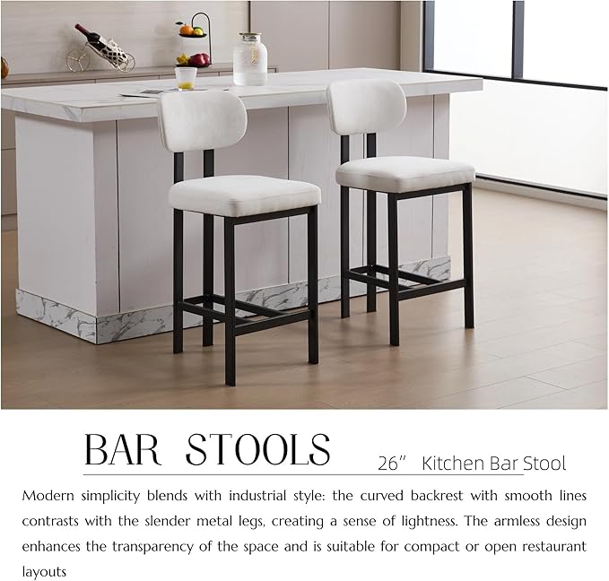 Bar Stools Set of 2, 26 inch Counter Height - Modern Upholstered Kitchen Island Chairs with Metal Legs for Dining & Bar Areas
