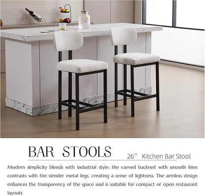 Bar Stools Set of 2, 26 inch Counter Height - Modern Upholstered Kitchen Island Chairs with Metal Legs for Dining & Bar Areas