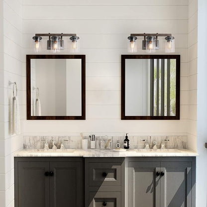 LALUZ Bathroom Vanity Light Fixtures, 3-Light Farmhouse Vanity Light with Clear Glass Shades, Faux Wood, 20’’ L x 6.3’’ W x 8.7’’ H