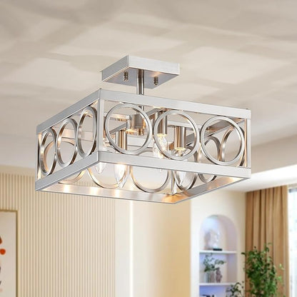 XINGQI Brushed Nickel Ceiling 4-Light 13'' Modern Semi Flush Mount Ceiling Light Fixture Rustic Chandelier Ceiling Lamp for Bedroom Living Dining Room with Square Metal Shade, E12 Bulbs