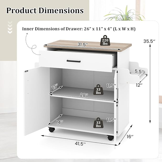 Giantex Kitchen Island with Storage, 41.5" W Rolling Island Table with Cabinet, Drawer, Towel Rack & Spice Rack, Bar Kitchen Cart On Wheels for Living Dining Room, White
