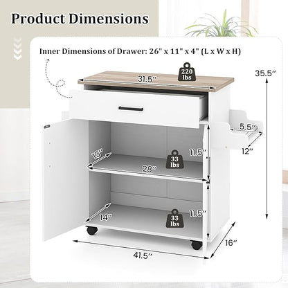 Giantex Kitchen Island with Storage, 41.5" W Rolling Island Table with Cabinet, Drawer, Towel Rack & Spice Rack, Bar Kitchen Cart On Wheels for Living Dining Room, White