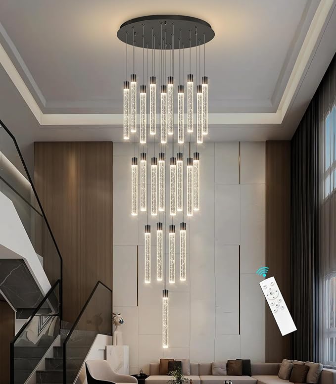 23-Light Long Large Modern Led Crystal Chandeliers Modern Spiral Chandeliers High Ceilings Chandelier for Staircase Foyer Black