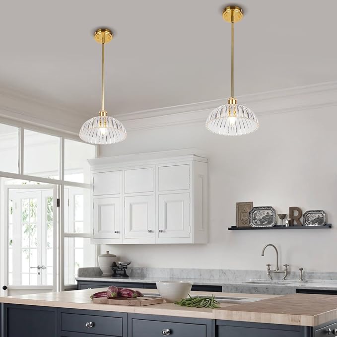 JYO 10" Gold Pendant Light, Vintage Single Pendant Light Fixtur with Ribbed Glass, Pendant Light for Kitchen Island Bedroom Hotel Living Room