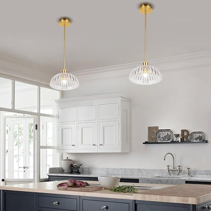 JYO 10" Gold Pendant Light, Vintage Single Pendant Light Fixtur with Ribbed Glass, Pendant Light for Kitchen Island Bedroom Hotel Living Room
