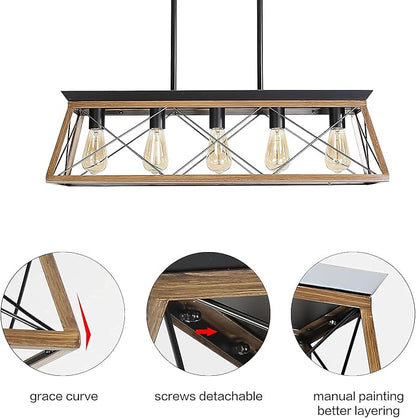 Farmhouse Chandeliers for Dining Room, Rustic Kitchen Island Light Fixture, 5-Light Linear Pendant Lighting Rectangular Chandelier, Metal Solid Ceiling Lights