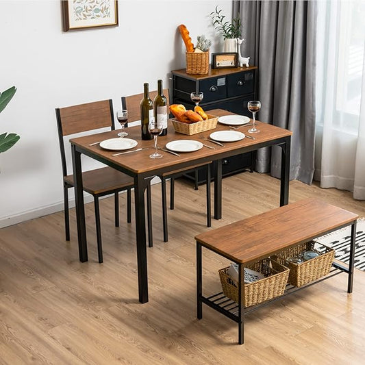 Giantex Dining Table Set for 4, 43" Kitchen Table and Chairs, Dining Bench with Metal Frame & Storage Rack, 4-Piece Modern Functional Desk Set for Dinette, Small Space, Apartment, Restaurant, Walnut