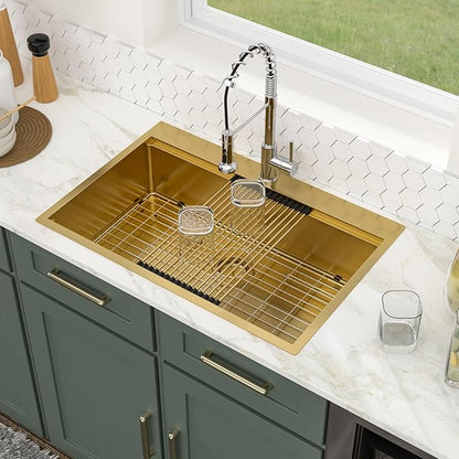 Logmey 33 Inch Gold Kitchen Sink 33x22 Drop in Sink 16 Gauge Stainless Steel Single Bowl Sinks,33x22x9