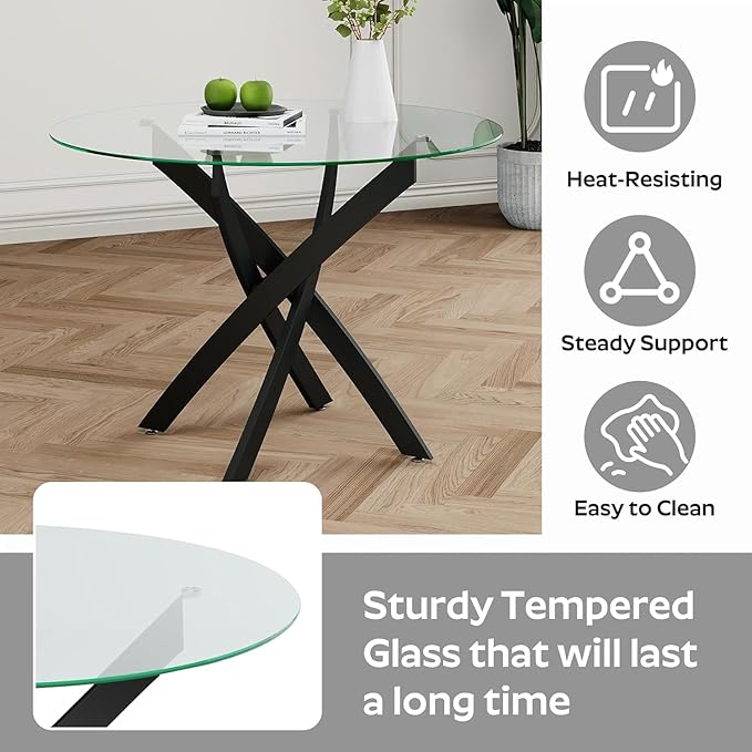 47-Inch Round Tempered Glass Dining Table for 2-4 Person - Heavy-Duty Black Metal Base with Adjustable Non-Slip Mats - Modern Small Kitchen Table for Dining Room, Apartment, Condo (Clear Top)
