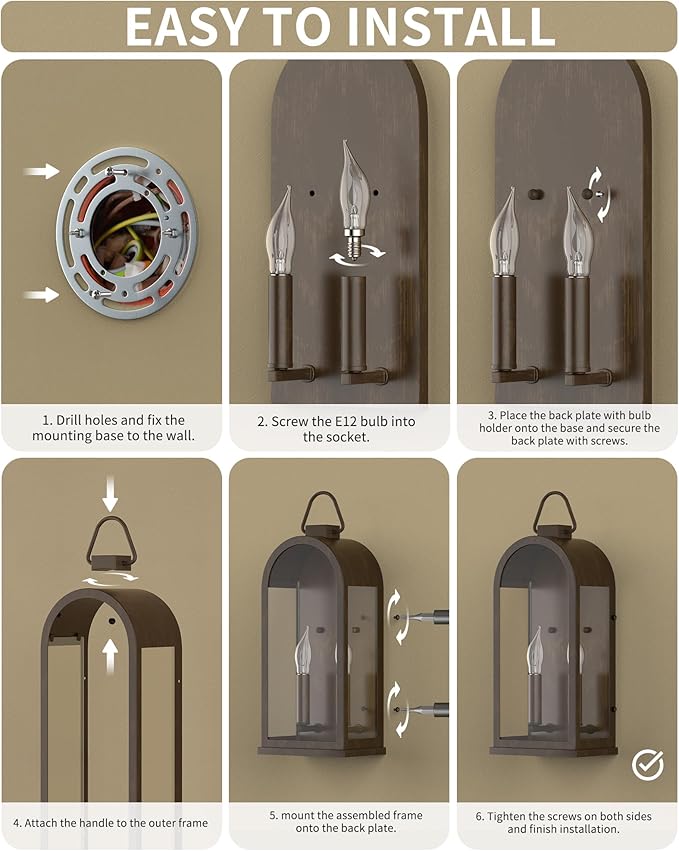 Outdoor Wall Light Fixtures, 2-Light Porch Lights Outdoor, Matte Bronze Exterior Waterproof Wall Sconce with Glass Shade, Outside Lantern for House Doorway Patio Entryway, E12 Socket, 2 Pack