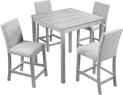 5 Piece Counter Height Dining Table Set for 4, Elegant Wooden Kitchen Table and 4 Upholstered Chairs with Crystal Decoration, Square Dining Table Set for Kitchen and Dining Room, Silver Grey