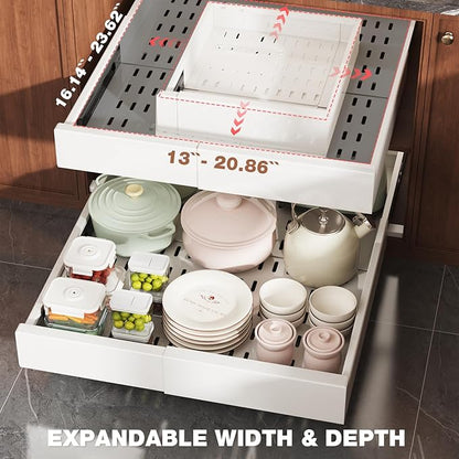 Seinloes 2 Pack Pull Out Cabinet Organizer Expandable Width(13"-21") and Depth(17"-24"), Slide Out Drawers With Raising Pad for Framed Cabinets, No Drill Roll Out Shelves for kitchen, Bathroom, White
