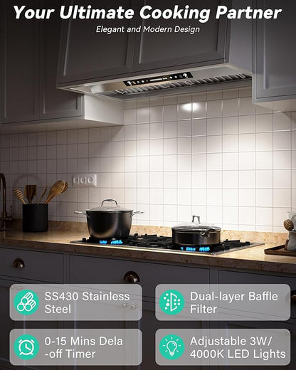 30 inch Stainless Steel Insert Range Hood - 900 CFM, Gesture Control, Ultra-Quiet 4-Speed Vent, LED Lights, Ducted/Ductless Convertible