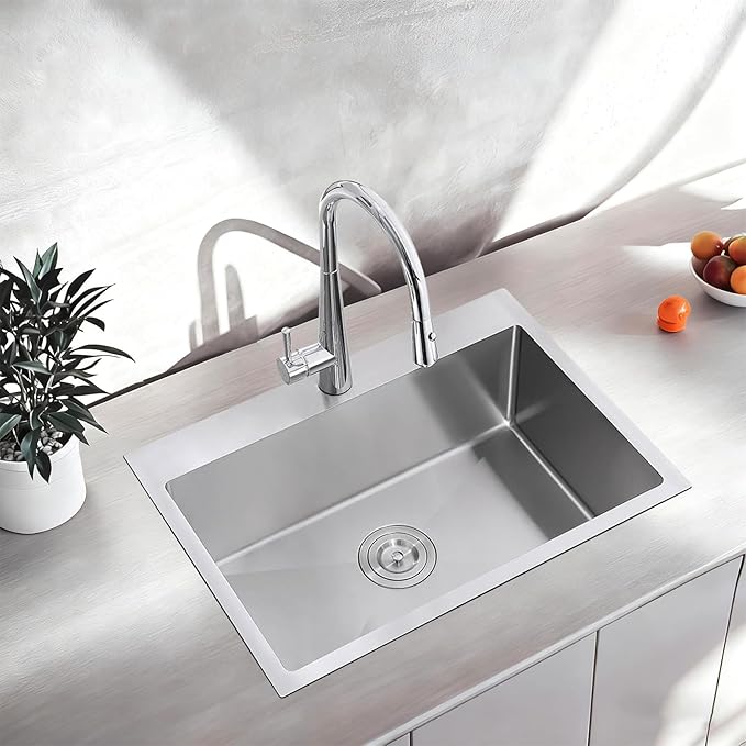 28X18 Inch Drop In Kitchen Sink, Topmount Stainless Steel Brushed Nickel Single Bowl Kitchen Sink, Extra-thick 16 Gauge Kitchen Sinks For RV Laundry Utility with Basket Strainer