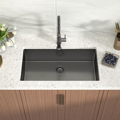 Black Undermount Kitchen Sink 33x19x9 Inch Single Bowl 18 Gauge Stainless Steel Under Counter Sinks Basin With Drain Strainer