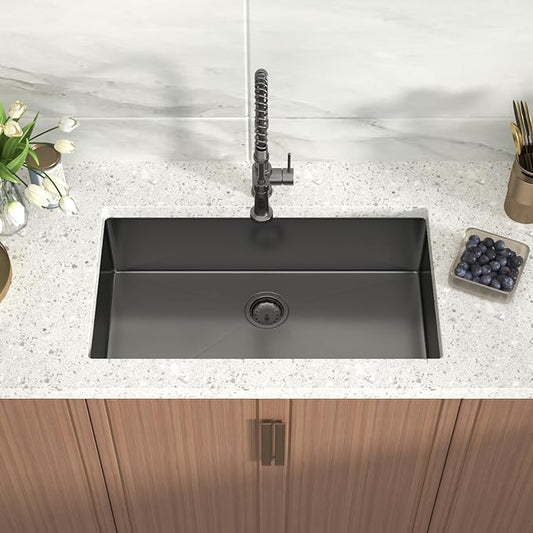 Black Undermount Kitchen Sink 33x19x9 Inch Single Bowl 18 Gauge Stainless Steel Under Counter Sinks Basin With Drain Strainer