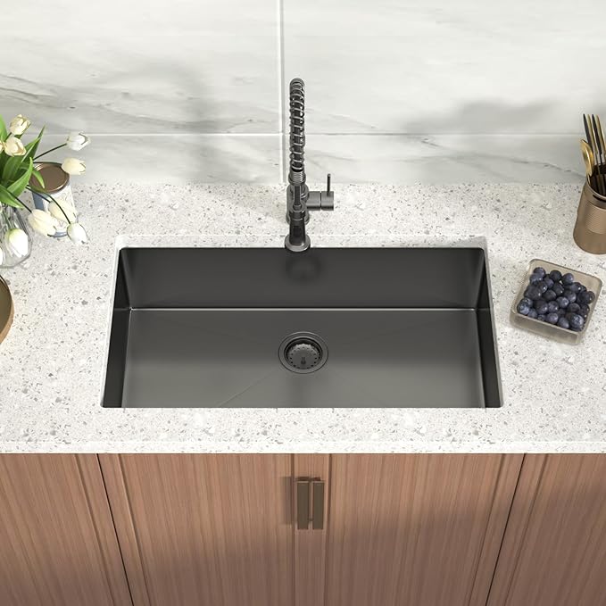 Black Undermount Kitchen Sink 30x18x9 Inch Single Bowl 18 Gauge Stainless Steel Under Counter Sinks Basin With Drain Strainer
