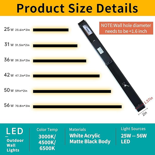 Mikeru 57inch Long LED Wall Light Fixtures, 10%-100% Dimmable Black Exterior Wall Sconces, 3000k-6000k Acrylic Invisible Exterior Wall Light for Porch Modern Outdoor Wall Mount Lighting