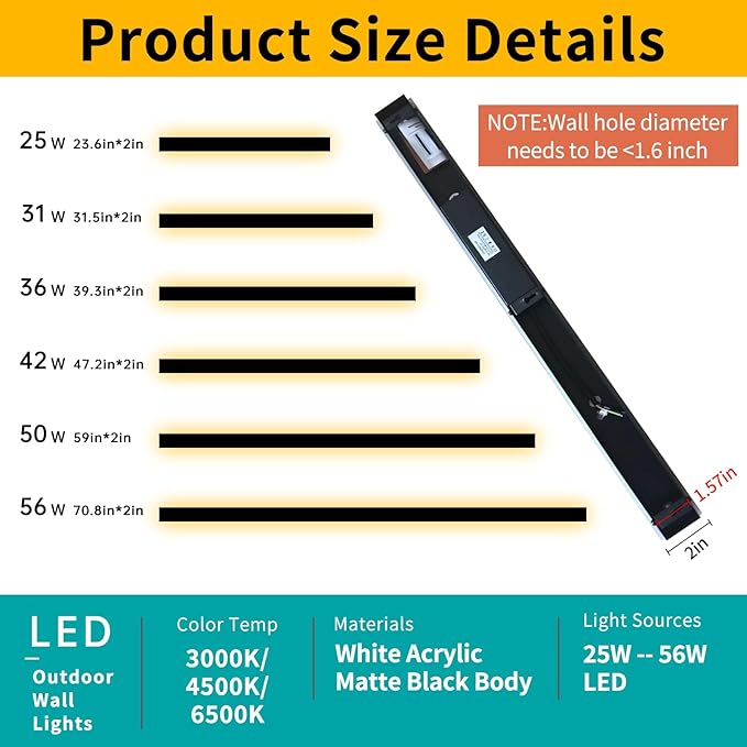 Mikeru 39inch Outdoor Wall Light Fixtures, 3000k/4500K/6000k Three Colors Switchable Modern Exterior Wall Sconces Acrylic Invisible Exterior Wall Light for Porch Outdoor Wall Mount Lighting