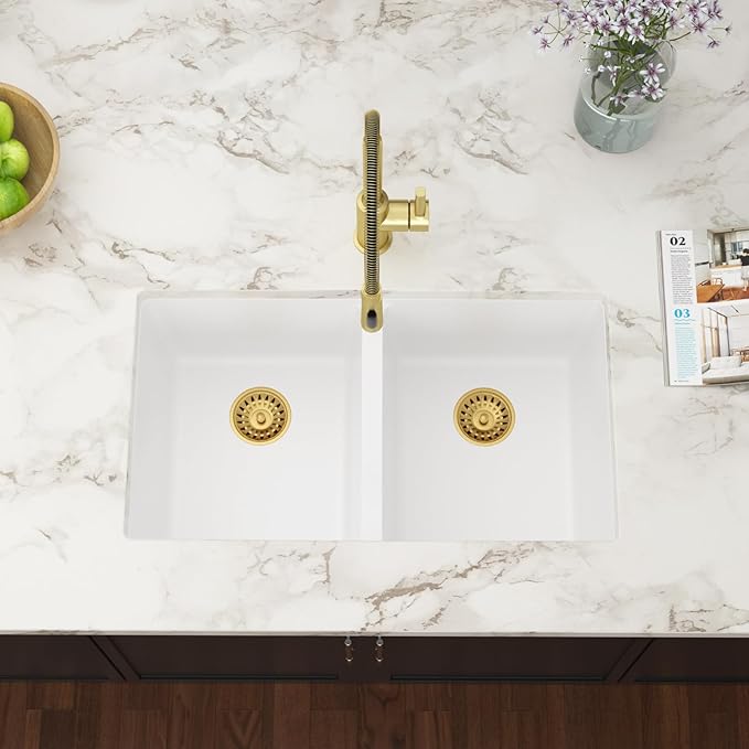 33 Granite Composite Kitchen Sink - Couoko 33x19 Inch Undermount Granite Kitchen Sink White Quartz Sink Under Counter Double Bowl Sink Basin 50/50