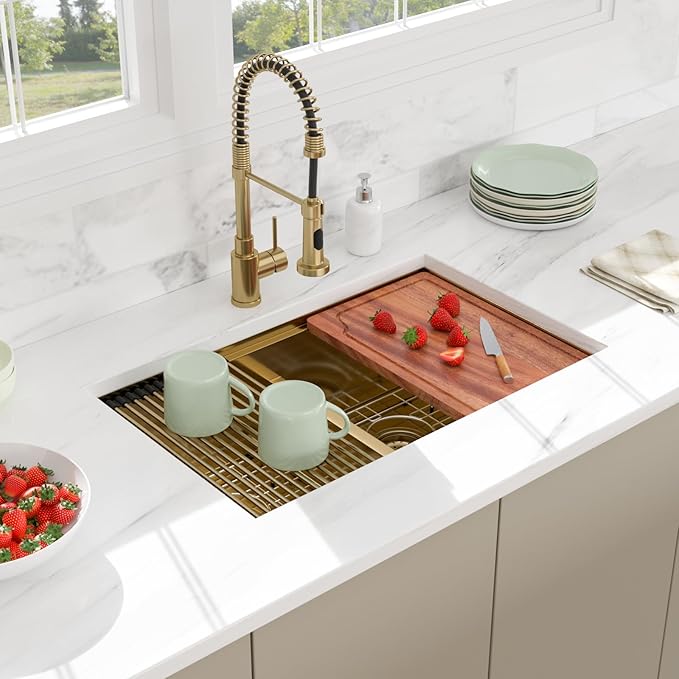 30 Gold Undermount Kitchen Sink - Beslend 30x19 Gold Double Bowl Kitchen Sinks Workstation 16 Gauge Stainless Steel Golden Sink Low Divide Double Basin 50/50