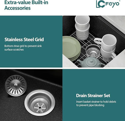 Black Undermount Kitchen Sink 21"x18" Workstation Granite Composite Bar Sink Small Granite Sink Undermount Quartz Modern Under Counter Ledge Single Bowl Kitchen Sinks Basin Deep Sink,LOF-Q4574