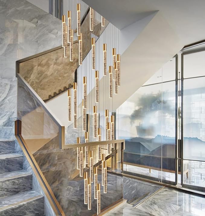 HAIXIANG 16 Foot Chandeliers for Living Room Entryway High Ceiling Light Fixtures Sloped Flush Mount Ceiling Pendant Lighting Dimmable Chandelier with Remote LED Crystal Pendants Lighting Gold Light