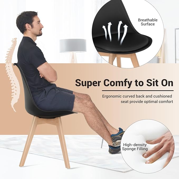 GOFLAME Dining Chairs Set of 4, Mid Century Modern Armless Kitchen Chairs with Soft Padded Cushion, Upholstered Side Chairs with Solid Wood Legs for Dining Room, Kitchen, Living Room (Black)