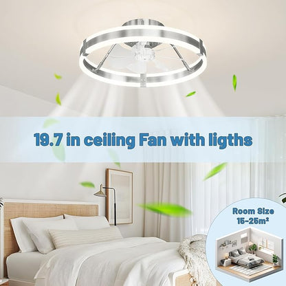 Flush Mount Ceiling Fan with Lights ,19.7'' 3000-6000K 6Speed Dimmable Modern Enclosed Led Ceiling Fan , Reversible DC Motor Bladless Low Profile Ceiling Fans for Bedroom, Kitchen,Home, Office