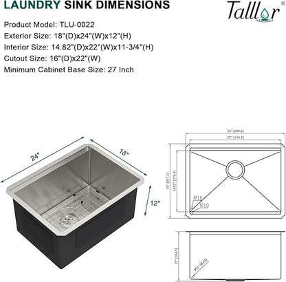 24 Inch Undermount Laundry Sink, 12" Deep 16 Gauge 304 Stainless Steel Utility Single Bowl Kitchen Sink with Workstation Design for Laundry, Kitchen, Garage, and Outdoor #TLU-0023