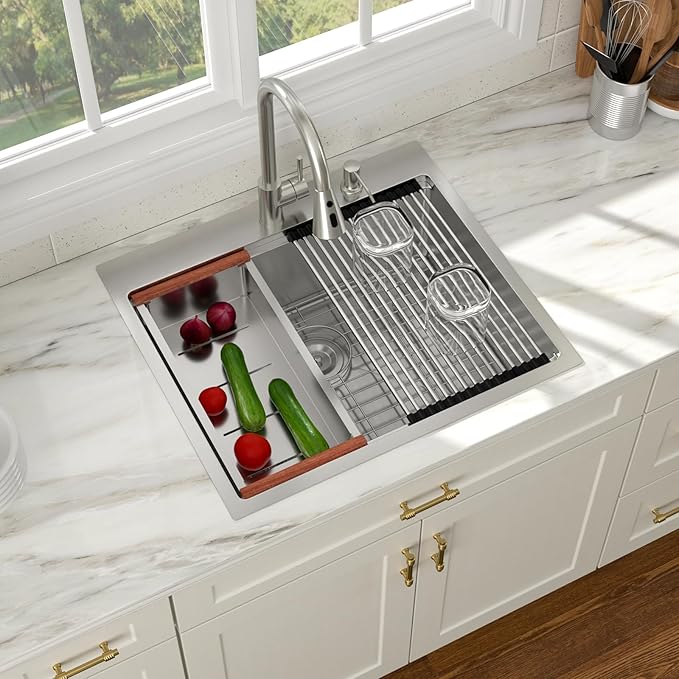 Drop In Kitchen Sink with Faucet Combo 25x22 Drop In 16 Gauge Stainlee Steel Single Bowl Workstation Kitchen Sinks Large Deep Round Corner Handmade Overmount Topmount Sink Basin