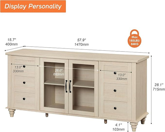 WAMPAT Sideboard Buffet Cabinets with Glass Door, Kitchen Storage Cabinets, Wood Coffee Bar Tables, Accent Sideboard Storage Cabinet Table Dining Room, Living Room,Beige
