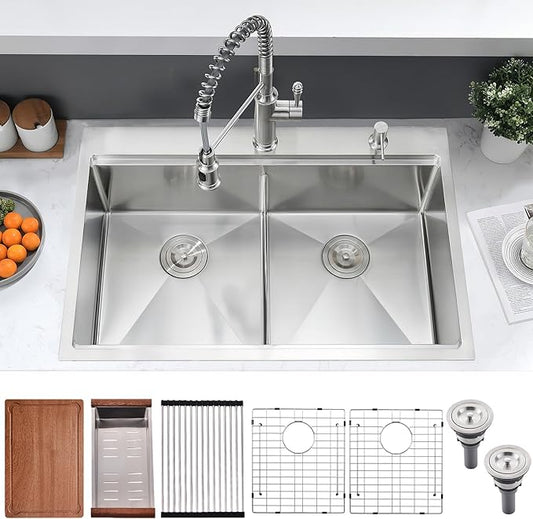33x22 Double Bowl Kitchen Sink Drop In - 16 Gauge Stainless Steel Top Mount Drop In Sink, 50/50 Split Double Bowl Workstation Kitchen Sinks, Durable for Home Kitchens
