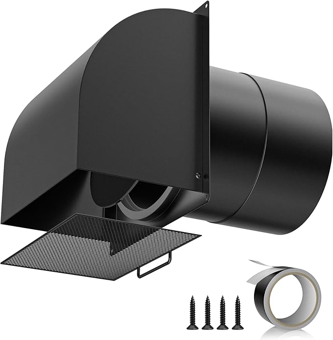 [Upgraded] Hon&Guan 8 Inch Hooded Wall Vent with Magnetic Seal Flap and Removable Mesh,Arc-Shaped 8'' Exhaust Wall Vent Cover Cap for Kitchen Range Hood/Dryer/Bathroom Exhaust (Galvanized Steel,Black)