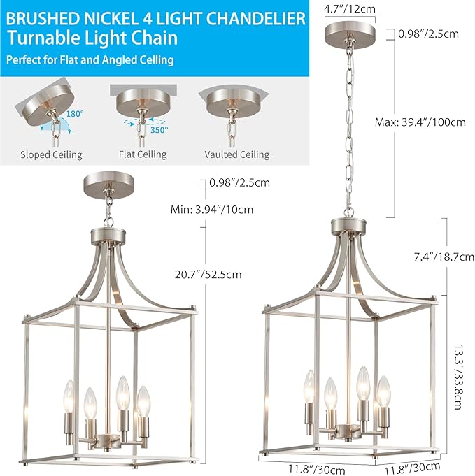 XINGQI Farmhouse Brushed Nickel Chandeliers for Dining Room, Geometric 4 Light Hanging Lantern Pendant Light Fixture for Staircase Foyer Kitchen Island Dinning Room Living Room