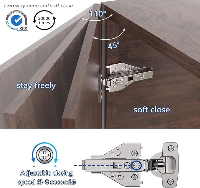Soft Close Cabinet Hinges 4 Pack 4D Adjustable with Speed Control-Full Overlay 3/4 Inch Face Frame Hinges, Concealed Self-Closing Hinges for Frameless & Face Frame Cabinets