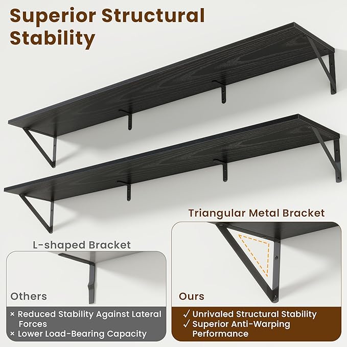 Acovy 55" Long Wall Mounted Floating Shelves,8 inch Deep Floating Shelf with Metal Brackets Set of 2,Easy-to-Install Wall Decor Storage Ledges for Living Room,Bathroom,Bedroom,Kitchen,Office,Black
