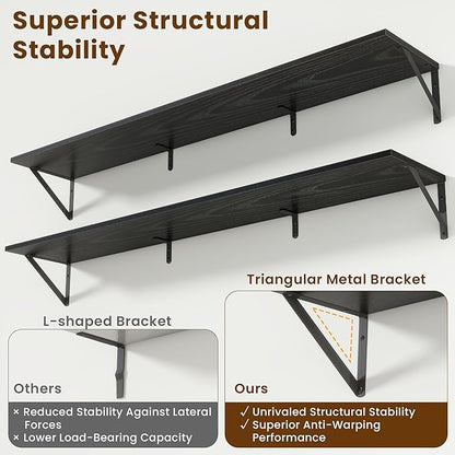 Acovy 55" Long Wall Mounted Floating Shelves,8 inch Deep Floating Shelf with Metal Brackets Set of 2,Easy-to-Install Wall Decor Storage Ledges for Living Room,Bathroom,Bedroom,Kitchen,Office,Black