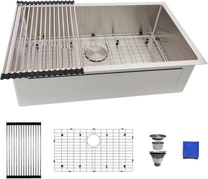 30 Inch Undermount Kitchen Sink - Delironexu 16G Stainless Steel Undermount Sink, 30''x18'' Deep Single Bowl Kitchen Sinks with 4 Accessories