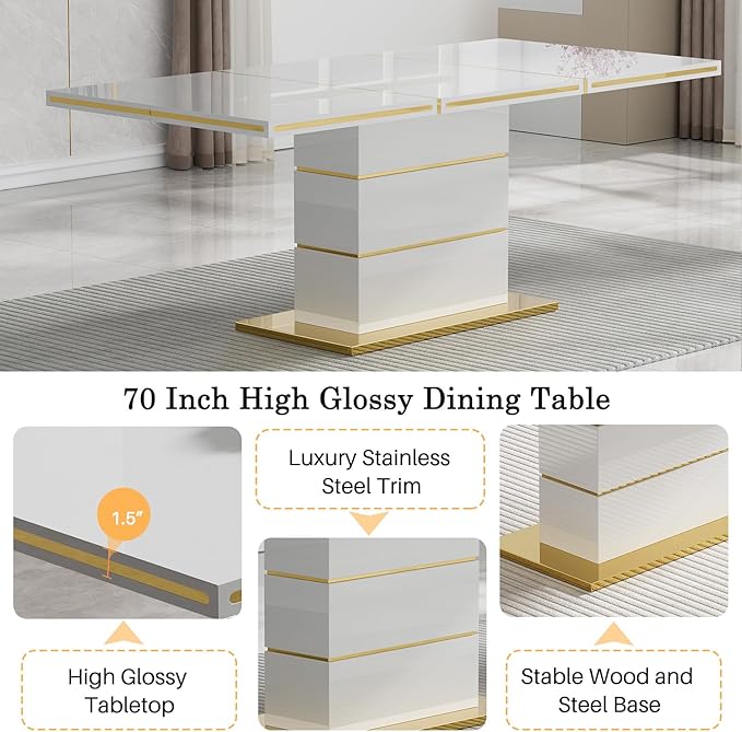 70" White Dining Table for 4 6, Modern Glossy Kitchen Table with 1.5" Thick Lacquered Tabletop and Gold Stainless Steel Trim, Luxury Rectangular Dinner Tables for Dining Room