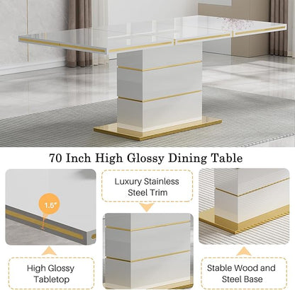 70" White Dining Table for 4 6, Modern Glossy Kitchen Table with 1.5" Thick Lacquered Tabletop and Gold Stainless Steel Trim, Luxury Rectangular Dinner Tables for Dining Room