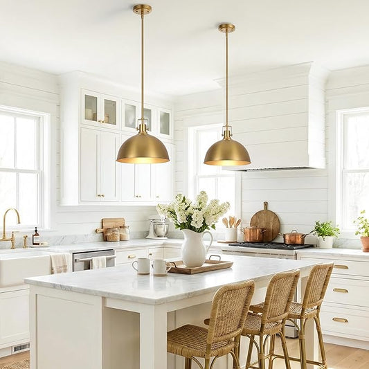 LamQee 13 Inch Brushed Gold Metal Pendant Light Kitchen Island, Farmhouse Modern Dome Pendant Light Fixtures Ceiling Hanging Lighting Chandelier for Dining Room Over Table, Bar, Hallway, Entryway