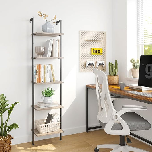 ELYKEN Ladder Shelf, 5-Tier Wood Wall Mounted Bookshelf with Metal Frame, Vintage Open Display Organizer Rack, Leaning Storage Shelves for Living Room, Bedroom, Home Office, Greige