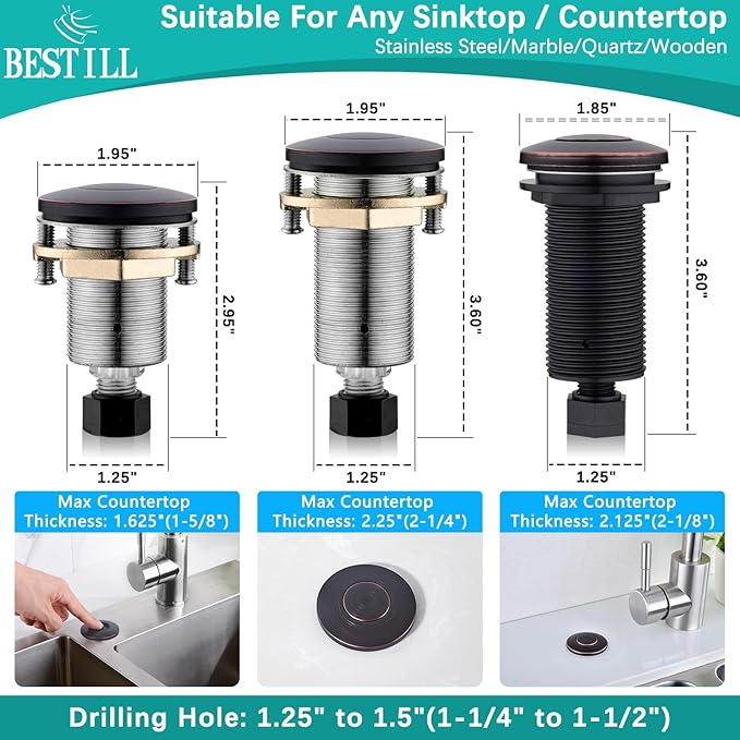 BESTILL Garbage Disposal Air Switch Kit - All Metal, UL Listed Long Push Button for Waste Disposer, Single Outlet Sink Top Solid Brass Air On/Off Button, Oil Rubbed Bronze