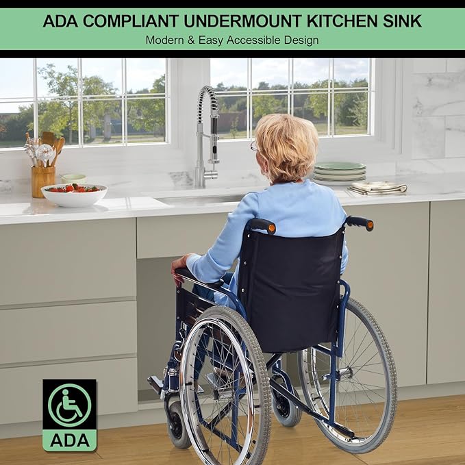 23 Inch Undermount Kitchen Sink - Beslend ADA 6 Inch Depth 23x18 Undermount Sinks Stainless Steel 16 Gauge Mobility Friendly Sink for Wheelchair Accessible & Accessible Design Kitchen