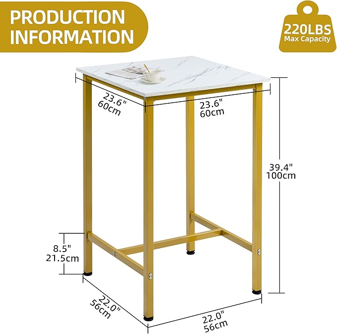 Finnhomy Bar Table, 23.6" Pub High Top, Square Bar Height, Counter Height Cocktail, Small Kitchen Set for 2, Breakfast for Kitchen, Living Room, White Marble and Gold