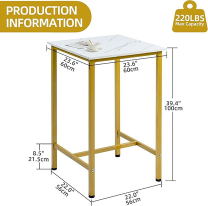 Finnhomy Bar Table, 23.6" Pub High Top, Square Bar Height, Counter Height Cocktail, Small Kitchen Set for 2, Breakfast for Kitchen, Living Room, White Marble and Gold