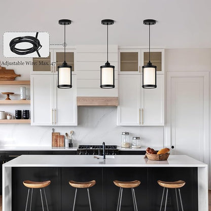 Black Pendant Lights Kitchen Island 3 Pack, Modern Kitchen Pendant Lighting Over Island with Milk Glass, Farmhouse Mini Hanging Light for Sink Dining Room, OS-3014-3PBK