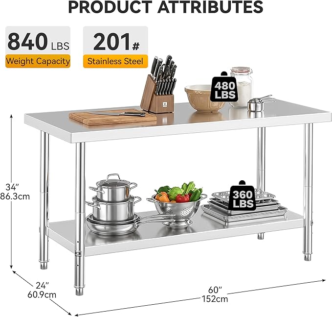 DWVO 60x24in Stainless Steel Table, NSF Metal Prep Worktable with Adjustable Shelf for Kitchen Restaurant Hotel Garage Warehouse Home