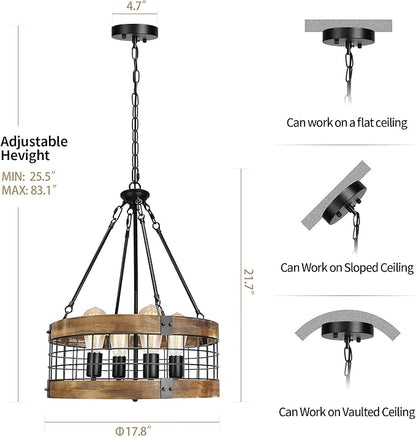 4-Light Rustic Chandelier for Entryway, Round Farmhouse Light Fixtures for Dining Room, Industrial Drum Hanging Pendant Lighting for Kitchen Island, Nature Wood Texture and Black Metal Finish